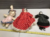 3 dolls, all are vintage, 2 are porcelain faced, the other is vinyl