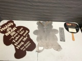 Vintage Store Cardboard Cutout, tin teddy bear, Welcome sign and a cardboard fan