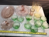 Large Collection of Depresion Glass, Sherbet Bowls, Serving Platters, cups and more