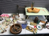 Various items, home decor, tray, brass bell, glass insulator, nutcrackers, wooden shoe and more