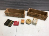 Old tins and 2 wooden cheese boxes