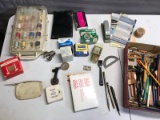 Sewing box, various writing utensils and office suppies