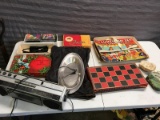 Vintage games, silver plate, radio and more