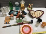 Glassware lot, carnival, toothpick holders, 3 handled mugs, unusual pieces and more