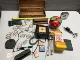 Vintage and Antique Eyeglasses, match holder, vintage alarm clock, hat pins, and more