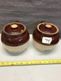 Set of matching No. 2 crocks, with handle and lids.  One lid is cracked
