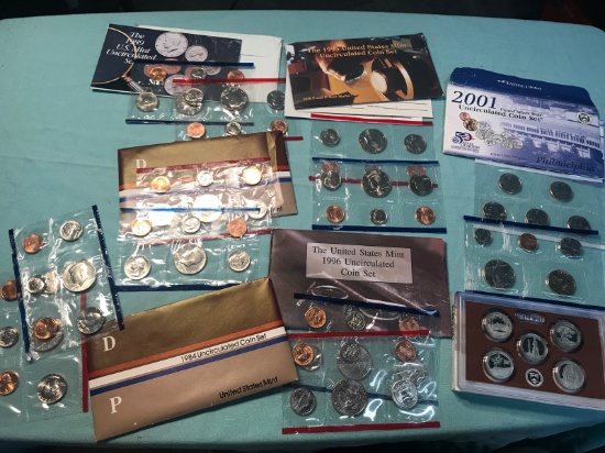 Various Uncirc sets, 1984 (2), 1995, 1996, 1989, and a Proof Quarter set with box