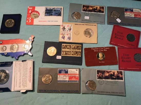Various Commemorative coins, some with stamps