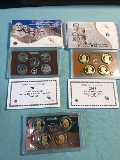 3 Proof Sets, 2013 Quarter and Dollar set, plus 2009 Dollar Proof set without box