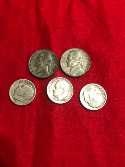 5 Coins, 3- Silver Roosevelt, and 2 War Nickels, selling items the money