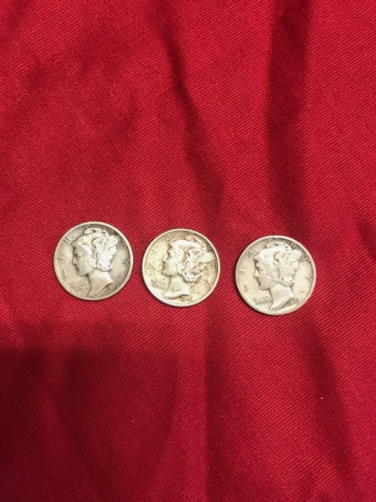 3- 1943 Mercury Dimes, PDS mint marks, selling times the money