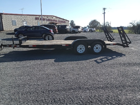 18 FT FLAT DECK TRAILER W / RAMPS- DUAL AXLE- BALL HITCH *NON TITLE*