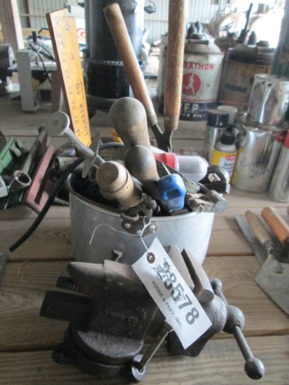 BUCKET OF TOOLS AND VISE