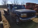 1993 FORD F SUPER DUTY FLATBED TRUCK, 2WD, 5 SPEED, MILES SHOWING: 220,823,