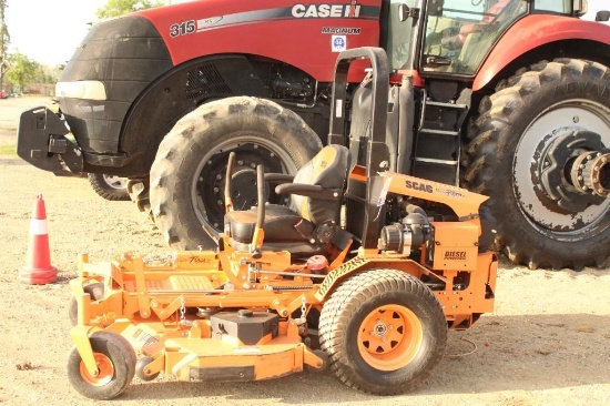 SCAG ZERO TURN LAWNMOWER, TURF TIGER II DIESEL, COMMERCIAL, RUNS SHOWING 948.4 HRS, 61'' DECK, MODEL