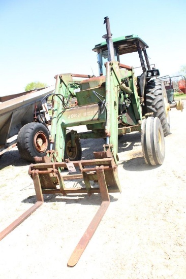 4440 JOHN DEERE WITH FRONT END LOADER W/ PALLET FORKS, 444OH-006764R, NOT SHOWING HOURS, RUNS