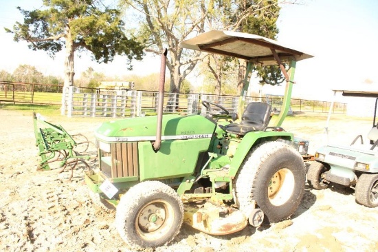 JOHN DEERE 790 YARD TRACTOR, 60'' BELLY MOWER, PTO, 3 PT HITCH, CANOPY, SHOWING 225.2 HOURS, RUNS