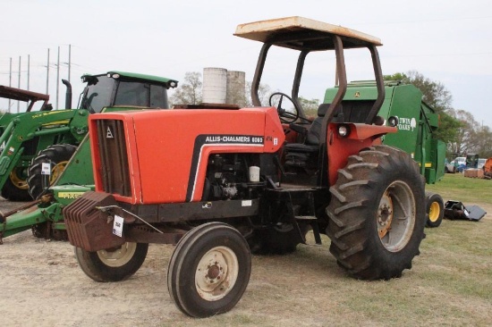 6060 ALLIS CHALMERS TRACTOR, RUNS, CANOPY, SHOWING 1498.5 HOURS, 2WD, FRONT WEIGHTS