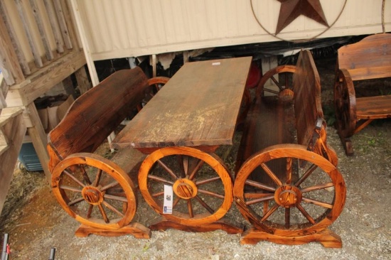 WAGON WHEEL WOODEN TABLE WITH 2 BENCHES