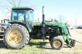 JOHN DEERE 4240 CAB TRACTOR, W/BUSHHOG 2847QT FRONTEND LOADER W/HAY SPEAR, 2WD, RUNS SHOWING 33091.3