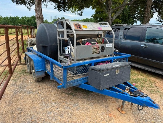 PRESSURE WASHER W/ TANK ON TRAILER, WORKSINDUSTRIAL CLEANING EQUIPMENT, W/HONDA MOTOR 690, SHOWING