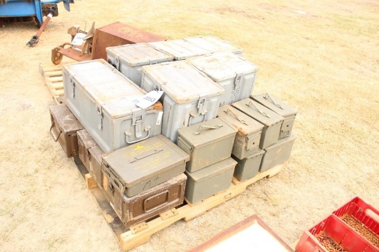 PALLET OF AMMO METAL BOX- 8 SMALL, 5 MEDIUM, & 4 LARGE