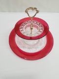 2 Tier Vintage Serving Tray, Clear & Red Glass