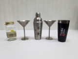 Metal Cocktail Shaker with 2 Martini Glasses, Cup, & Jar
