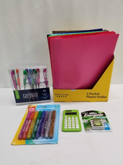 Office/School Supplies Lot: Pocket Folders, Pens, Calculator, Batteries, Etc - New