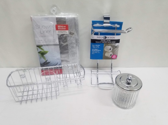 Bathroom Accessories Lot of 4: Shower Liner, Toilet Paper Holder, 2 Organizers - New