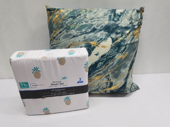 Mainstays Decorative Pillow 17x17 & Twin Sheet Set with Pineapple Design