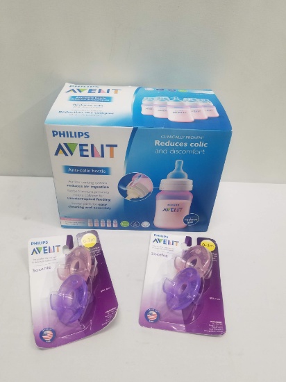 5 Avent Anti-Colic WIde-Neck Bottles & 4 Soothies/Pacificiers - New