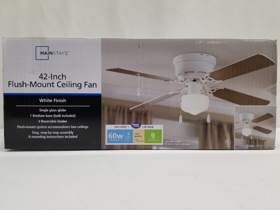 Mainstays 42 Inch Flush Mount Ceiling Fan White Finish New