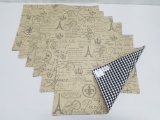French Flourish Printed Placemats, Qty 6. B&W Gingham on Reverse Side  - New