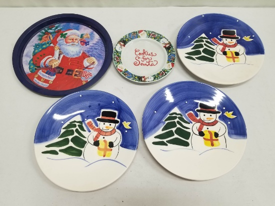 Christmas Plates Lot: 4 Ceramic Plates (3 Snowmen, 1 Cookies for Santa), 1 Tin Plate (Santa)