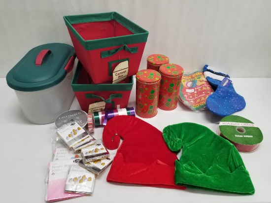 Christmas & Gift Supplies: Canvas Bins, Elf Hats, Ribbon, Tins, Etc.