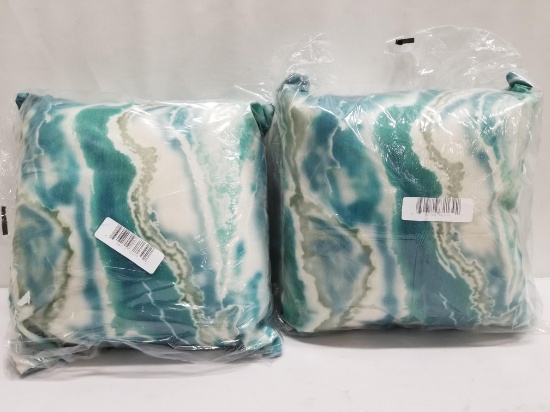Pair of Marbled Green/Cream Throw Pillows - 12"x12"x6" - New