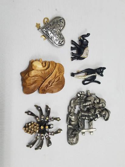 6 Broaches/Pins: Elephant, Cat, Heart, Spider, People