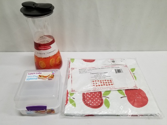 Kitchen Lot 2: Rubbermaid Carafe, Lunch Cube, Apple Table Cloth - New