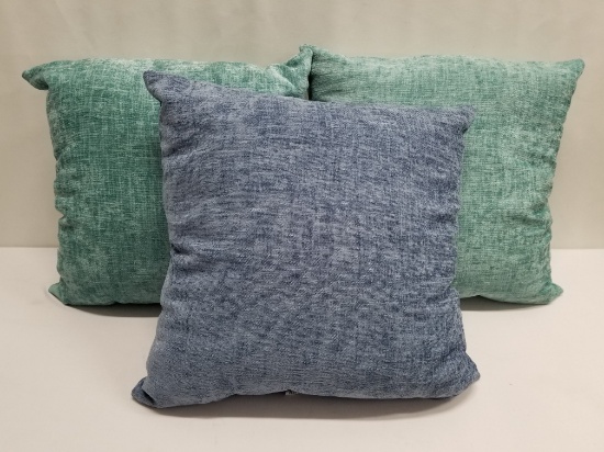 Three 18x18in Throw Pillows - 2 Turquoise Gem, 1 Blue - New