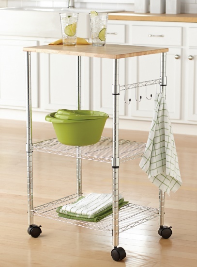 Mainstays Multi-Purpose Kitchen Cart - Chrome, Wood - New