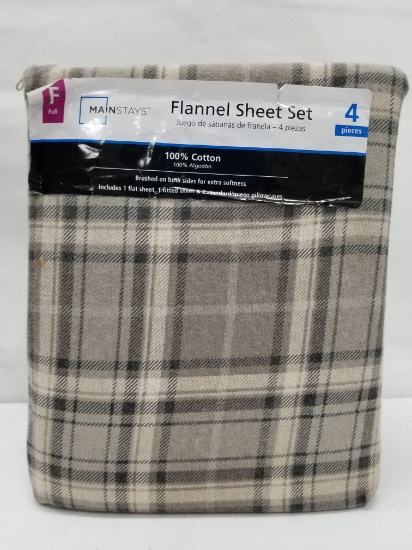 Full Size Flannel Sheet Set - 4pc, Neutral Plaid - New