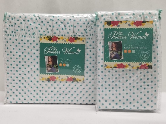 The Pioneer Woman Polka Dot King Sheet Set (4pc) + 2 King Pillowcases - Polka Dot, Teal - New