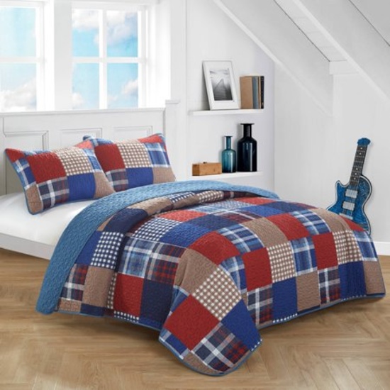 Mainstays Kids Twin Quilt Set: 1 Quilt, 1 Pillow Sham - Plaid Patchwork Blue - New