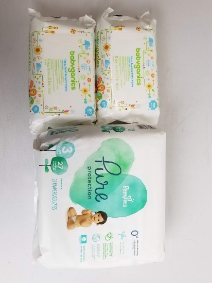 Pampers Pure Protection Size 3 Diapers + 2 Packages Babyganics Baby Wipes - New