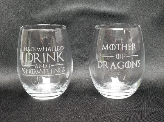 Etched Stemless Wine Glasses (Qty 2) - Game of Thrones - New