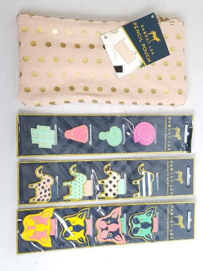 Dabney Lee Pencil Pouch (Pink/Gold Polka Dot) + 3 Sets of Magnetic Bookmarks - New