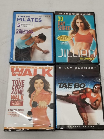 4 Exercise DVDs (Damaged Cases, DVDs New): 5 Day Fit Pilates -to- Tae Bo