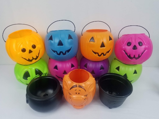 11 Halloween Buckets: 3 Orange (1 Tigger), 2 Pink, 2 Black, 2 green, 1 blue, 1 purple