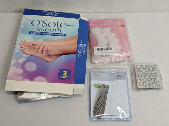 Foot Care Lot, Exfoliating Foot Peel, Gel Toe Separators, Nail Clippers, 50 Sheets Nail Art